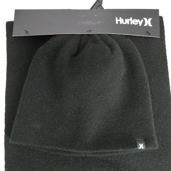 Hurley New Yorker Beanie Hat and Scarf Set Black One Size NWT - Picture 2 of 6